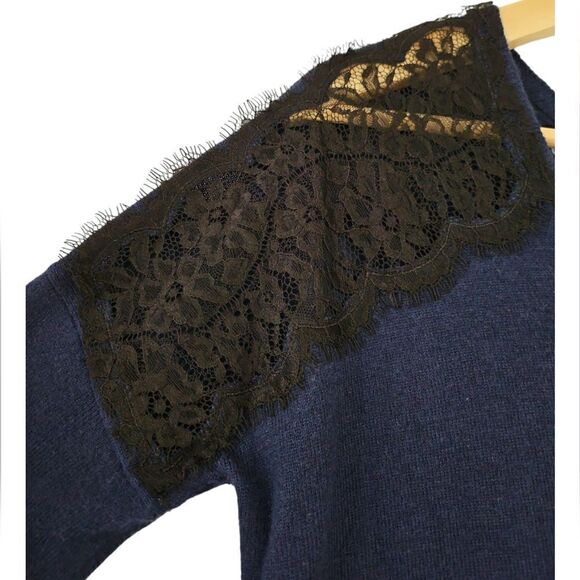 Express Women Pullover V Neck Lace Inset Wool Blend Sweater Navy Blue Size XS - Picture 5 of 11